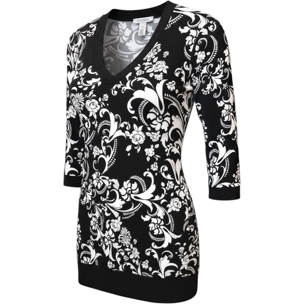White House Black Market Floral Damask V-Neck Tunic Top Black White XXS